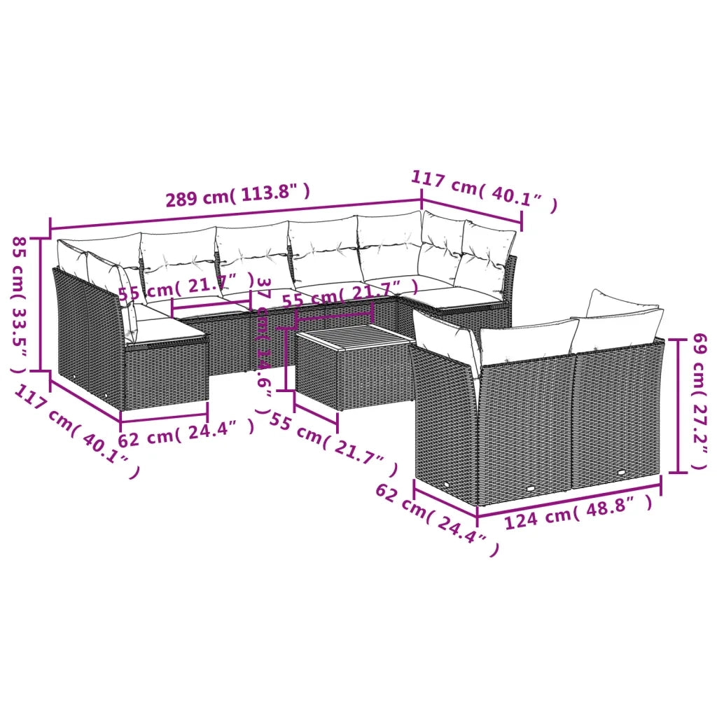 Set Divani da Giardino 10pz con Cuscini in Polyrattan Nero 3223808