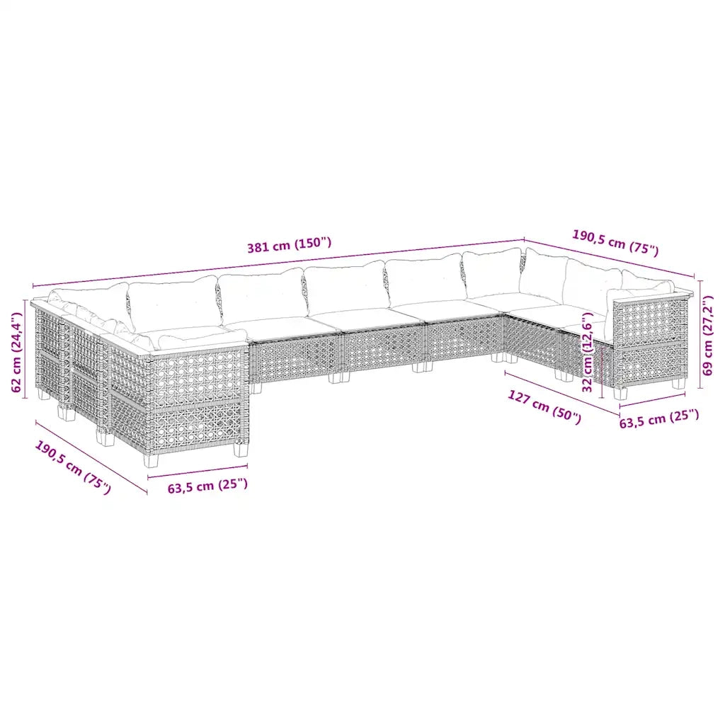 Set Divano da Giardino 10 pz con Cuscini Beige in Polyrattan 3262024