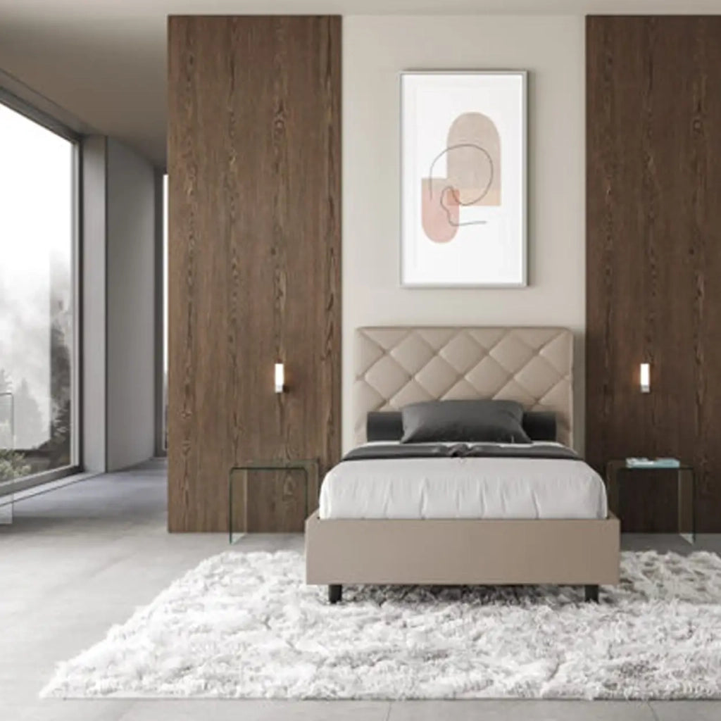 Letto singolo contenitore imbottito 100x190 similpelle tortora Priya
