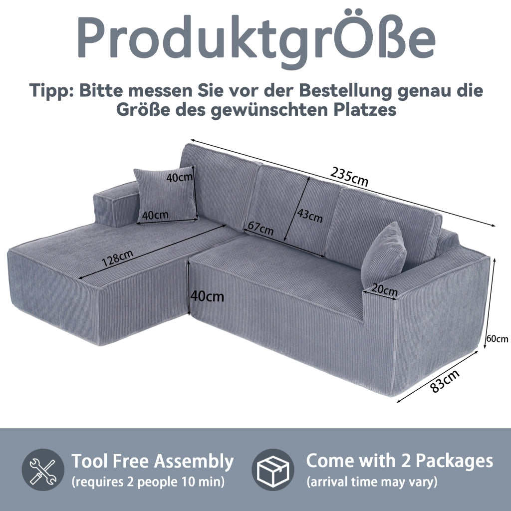 Divano Angolare 2 Posti con Chaise Longue ¨C MINIMAL ¨C Tessuto a Coste, Grigio, Morbido