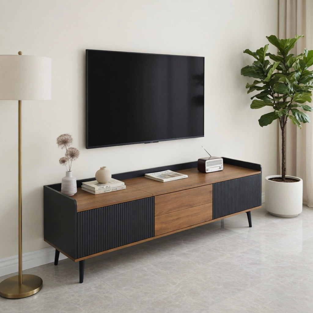 Cassettiera per TV nero e naturale in MDF e truciolare lunghezza 160 cm