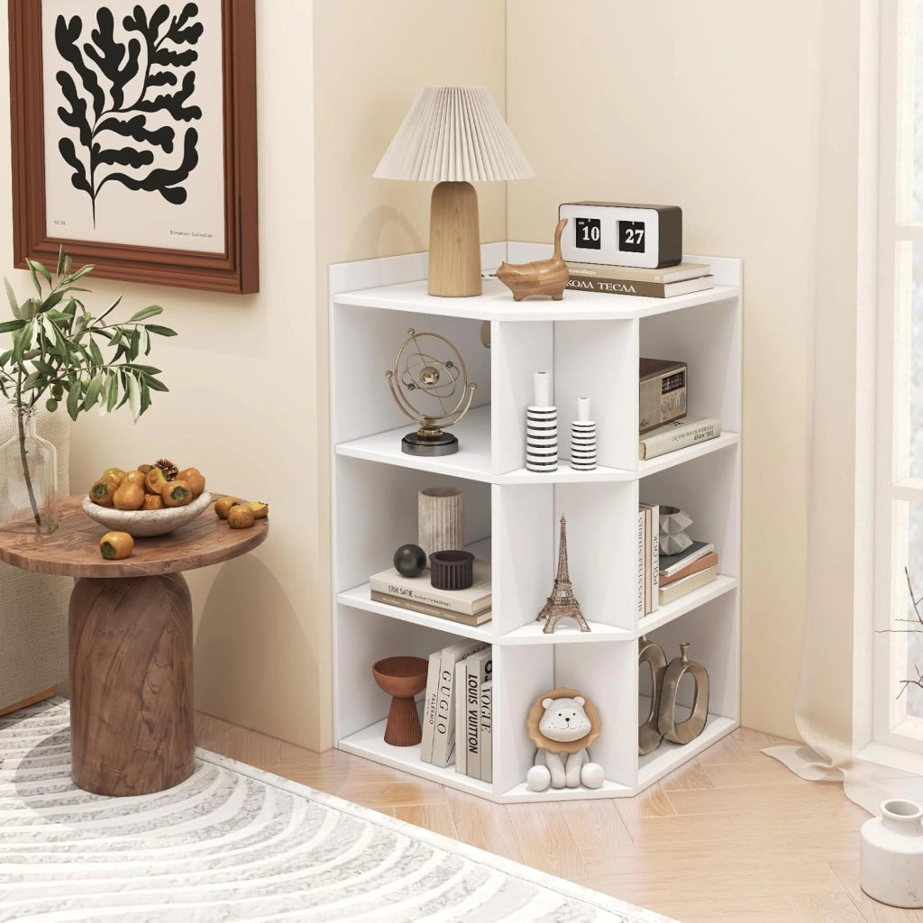 Mobile ad Angolo a 3 Livelli in Legno, Libreria Angolare Aperta con Stazione di Ricarica 9 Cubi 2 Porte USB e 4 Prese, Adatto per Spazi Ridotti, 51x71,5x86 cm (Bianco)
