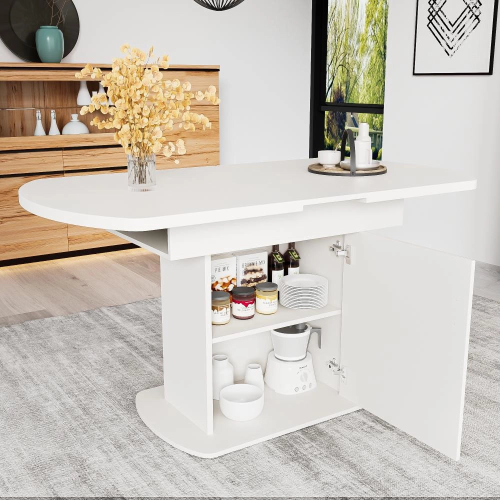 Tavolo da pranzo ovale estensibile con ripostiglio - Xylo - Bianco, maniglia dorata
