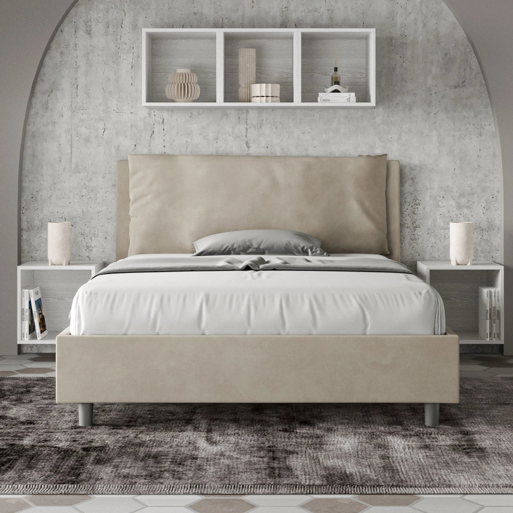 BS COM Letto matrimoniale francese senza rete imbottito 140x190 microfibra sabbia Large