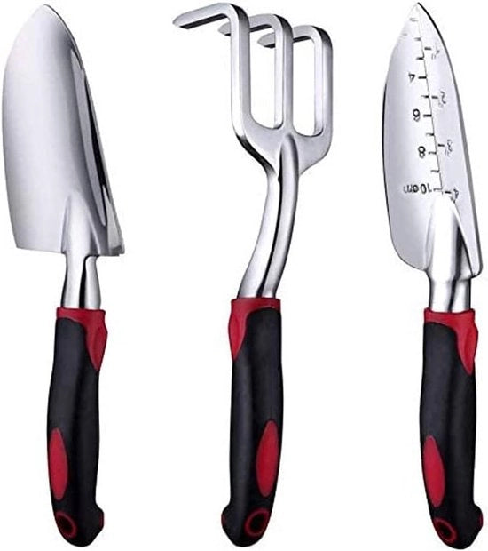 Set di attrezzi da giardinaggio, 3 pezzi attrezzi da giardinaggio in alluminio heavy duty inclusi rastrello per mano, rastrello per trasferimento e manico per mano, impugnatura anti-slip in gomma, vassoio da giardinaggio per uomini e donne (rosso)