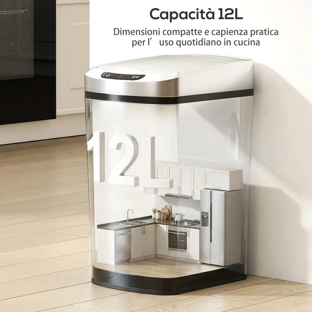 Pattumiera Cestino per Rifiuti 28x22x41 cm Contenitore Rimuovibile da 12L Apertura a Infrarossi in Acciaio Inox ABS e PP