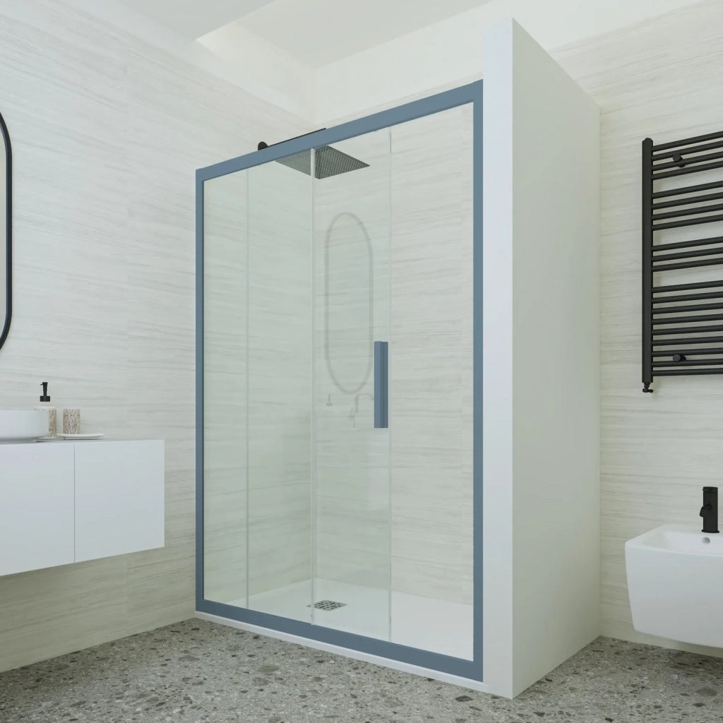 Porta doccia scorrevole 110 CM H 200 Vetro Trasparente Profilo Blu Navy mod. Deco