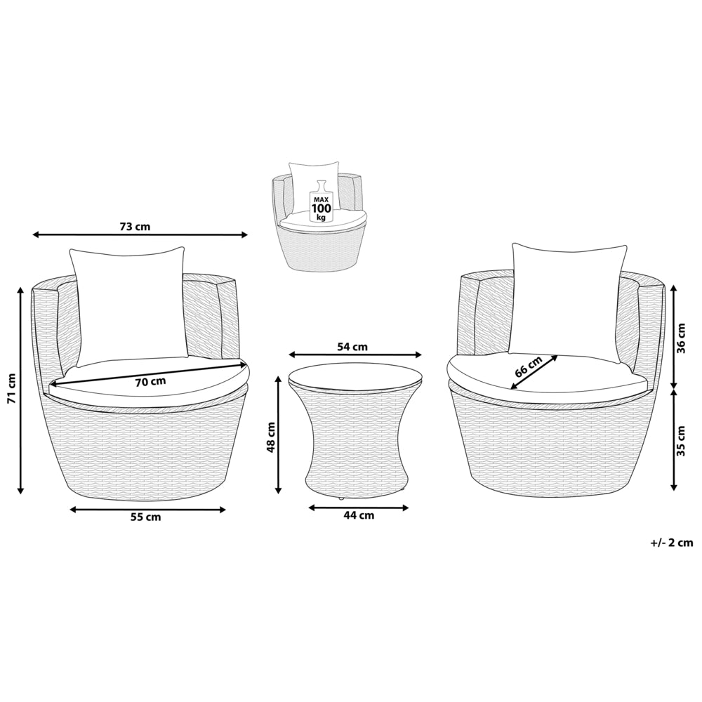 Set da bistrot da giardino in 3 pezzi grigio finto rattan con cuscini impilabili per esterno moderno