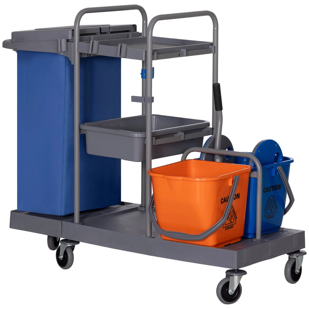 Carrello Pulizie Professionale 2 Secchi con Strizzatore e 3 Ripiani Grigio Blu e Arancione