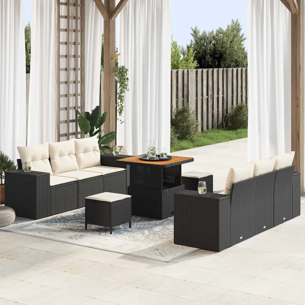 Set Divano da Giardino con cuscino 9 pcs Nero e Crema