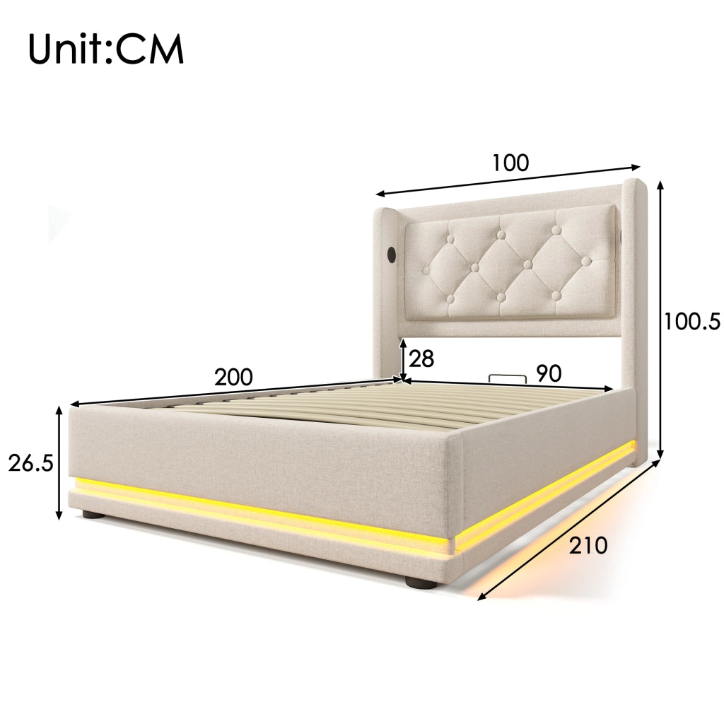 Letto singolo idraulico – 90x200 cm – USBC LED 3 lati – cotone beige
