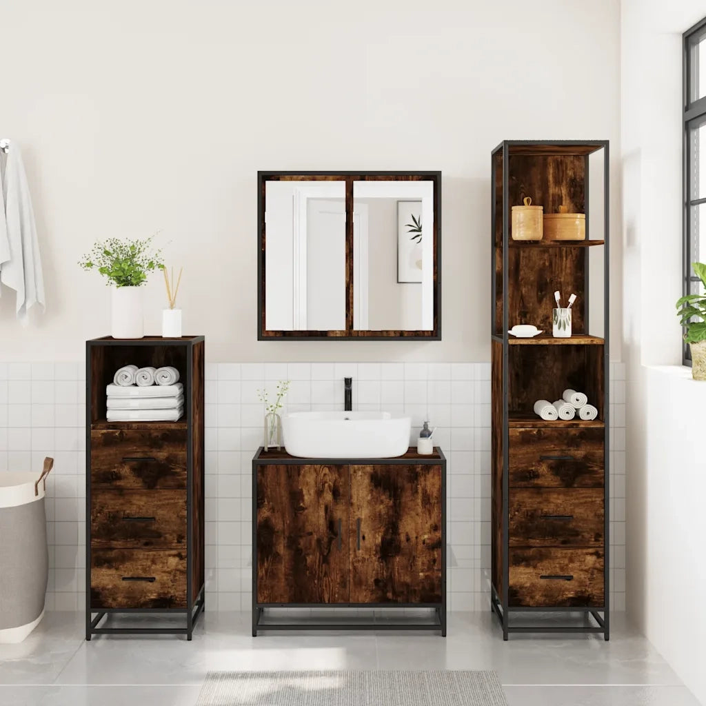 Set Mobili da Bagno | Armadio da bagno 4 pz Rovere Fumo in Legno Multistrato