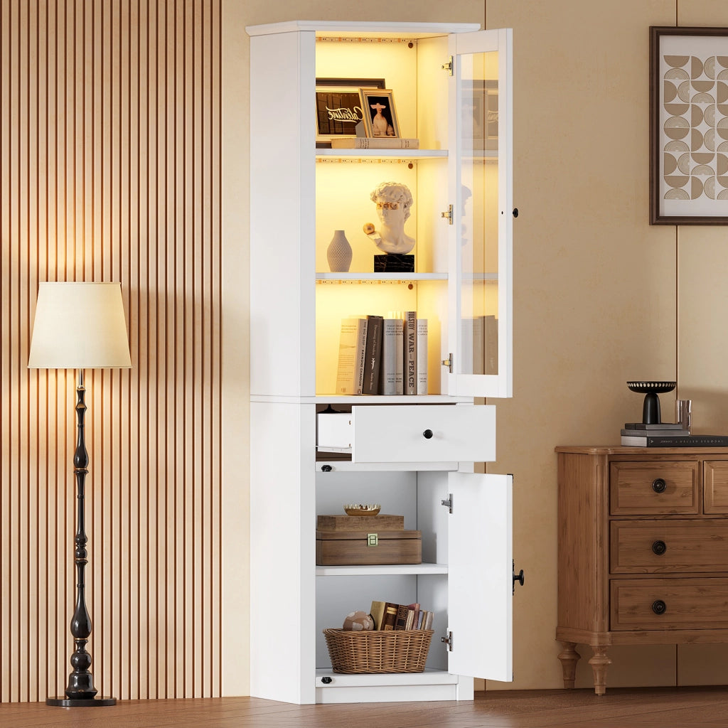 Vetrina con 2 ante; 1 cassetto e LED per soggiorno in truciolato 55x40x200 cm bianco