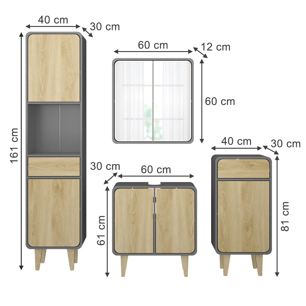 Vicco Set di mobili da bagno Antracite/quercia 4 parti