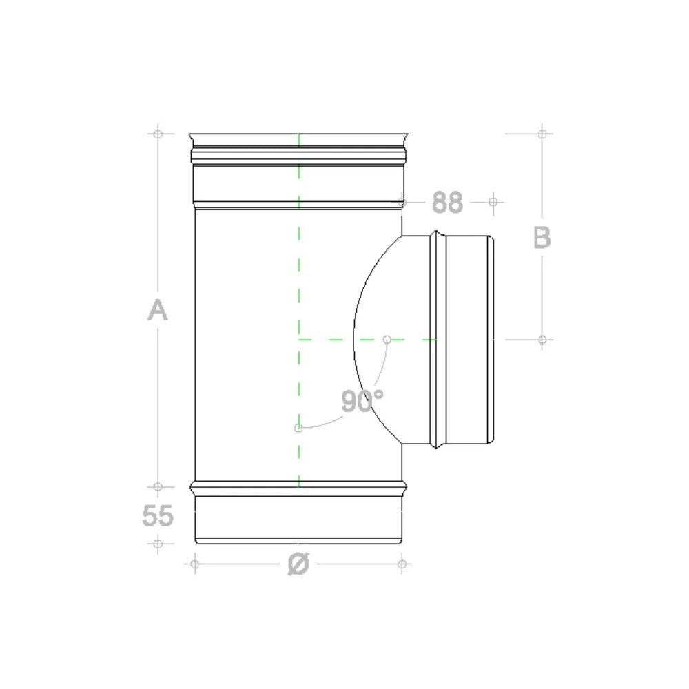 Raccordo da 200mm a t braga a 90° in rame mf codino m