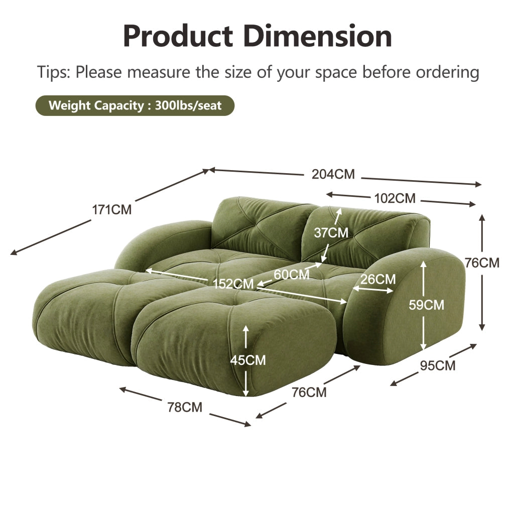 Divano modulare 2 posti con pouf - Zephmum- Verde, antiscivolo, senza montaggio