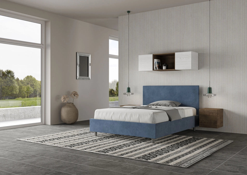 BS COM Letto una piazza e mezza con rete imbottito 130x210 microfibra blu