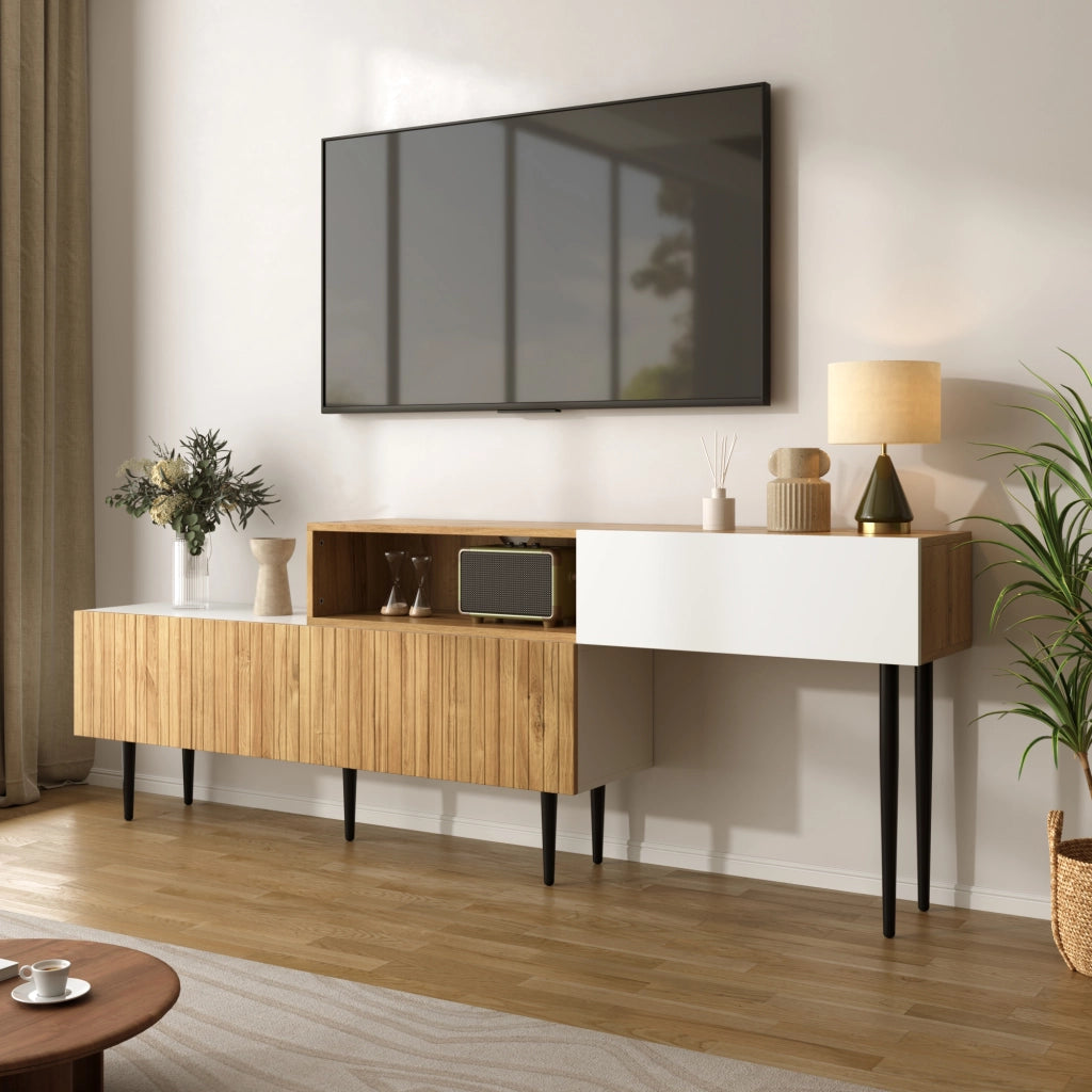 Cassettiera per TV bianca e legno; in MDF e truciolare; lunghezza 240 cm