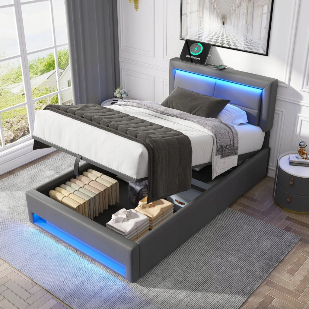 Letto imbottito 90x200 - Xylo - Grigio, USB, LED, con ripostiglio