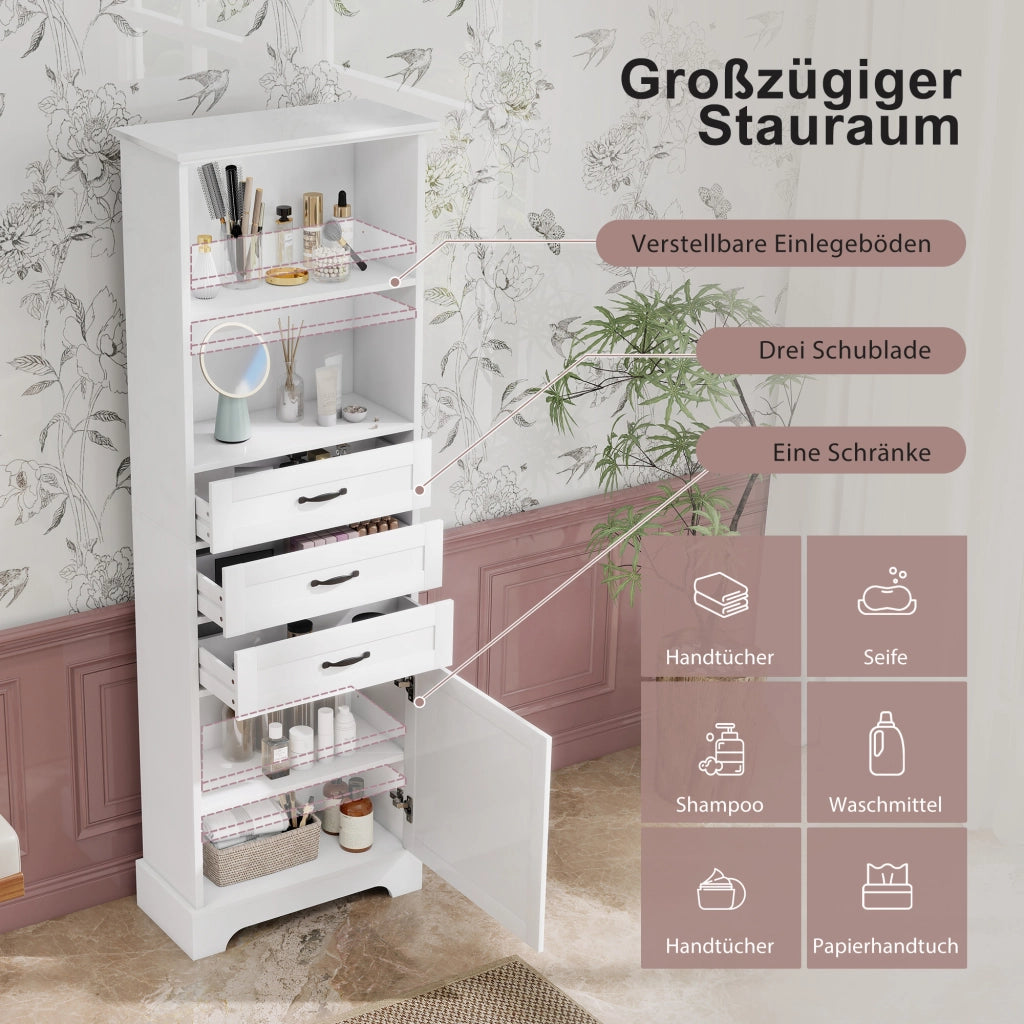ARMADIO bagno 56 x 25,6 x 167 cm MDF bianco con 3 cassetti