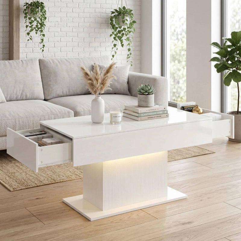 TAVOLO DA CAFFÈ LED con 2 cassetti, bianco lucido