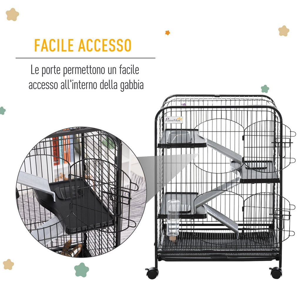 GABBIA PER RODITORI CON RUOTE, CIOTOLA E BOTTIGLIA, 64X43.5X93CM, NERO