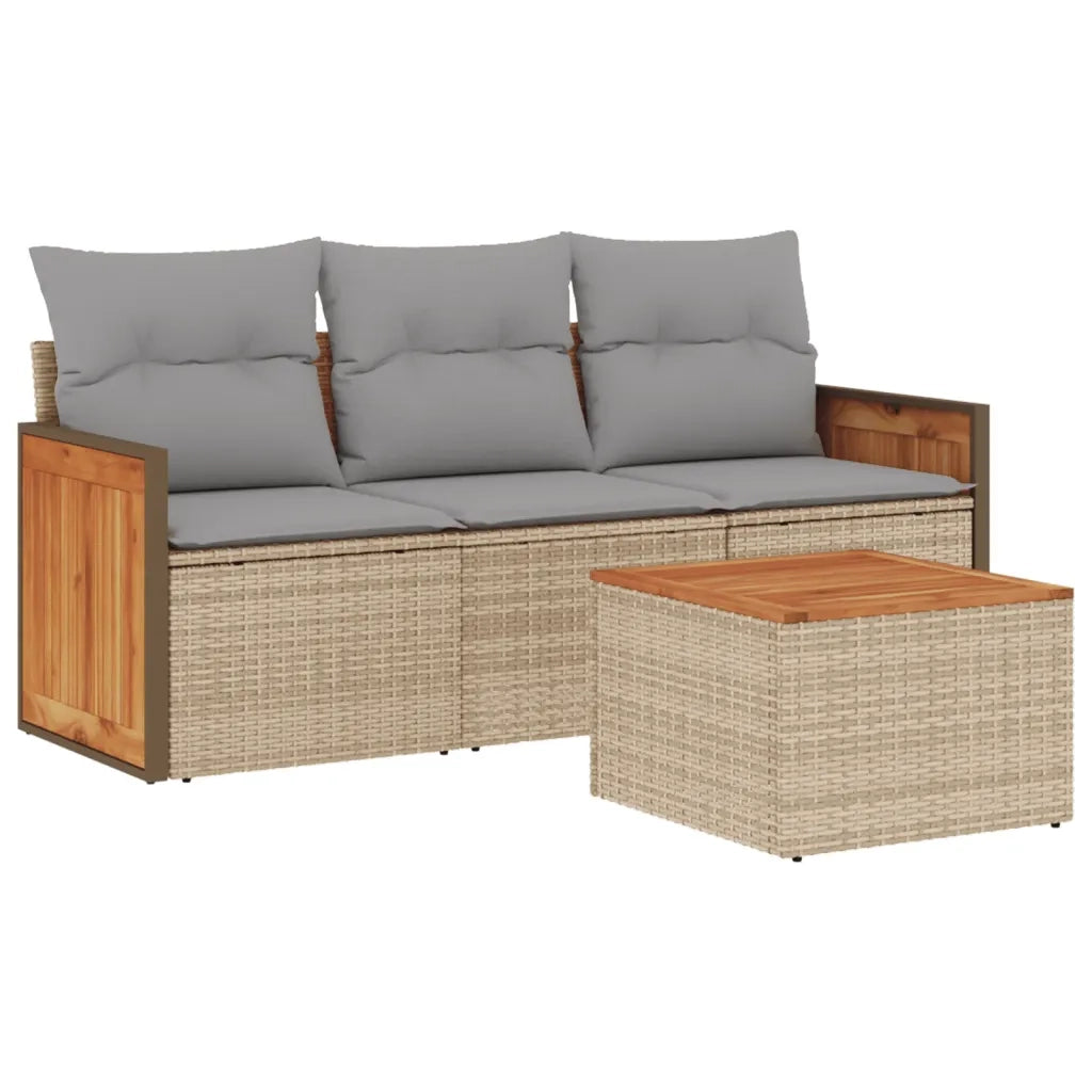 Set Divano da Giardino 4 pz con Cuscini Beige in Polyrattan