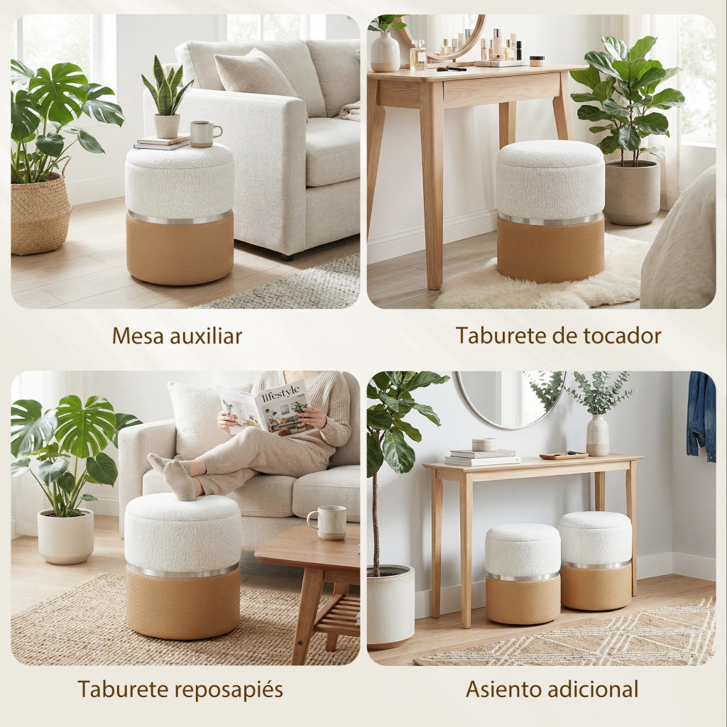Set 2 Pouf Contenitore ¨C Xylo ¨C Rivestimento Chenilla e Similpelle Marrone e Crema