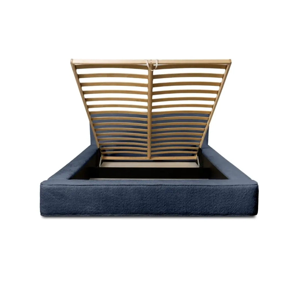 Letto con contenitore VELORA – Blu acciaio bouclé – 140x200 cm – Tessuto velluto morbido – Rete sollevabile – Spazio di stoccaggio integrato