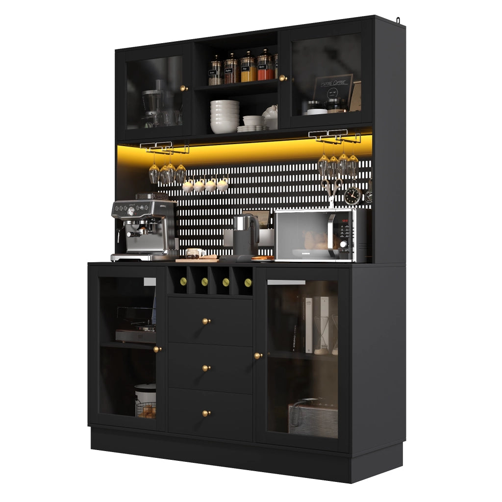 Armadio Alto da Cucina con Luce LED, Ripiani e Portabottiglie ¨C Xylo ¨C Nero