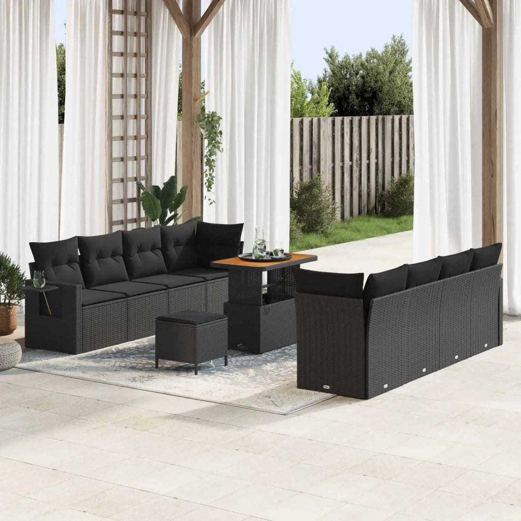 Set Divano da Giardino con cuscino 11 pcs Nero polyrattan