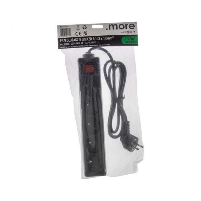 Multipresa 5 prese 1,5 m con interruttore nera Ecolight