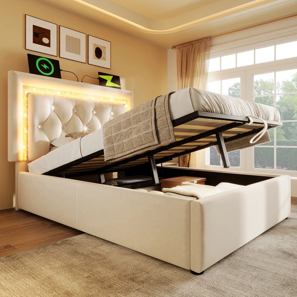 Letto Imbottito Singolo con Contenitore Idraulico e LED ¨C MINIMAL ¨C Velluto Beige 90x200