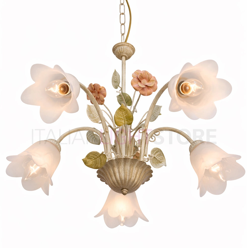 SPRING Lampadario in Ferro Decorato a 5 Luci Stile Floreale