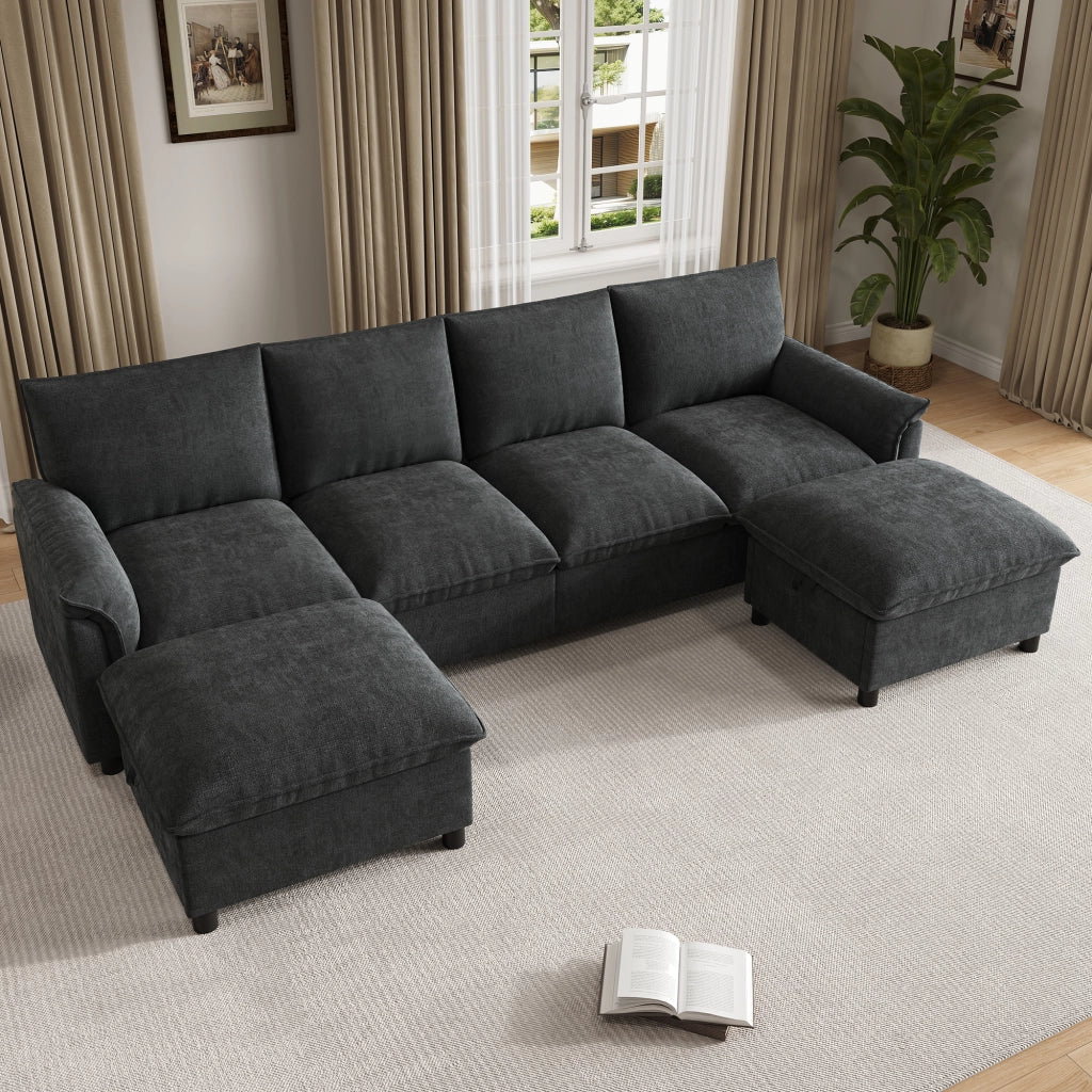 Divano modulare angolare - con pouf contenitore e schienale alto - in chenille nera