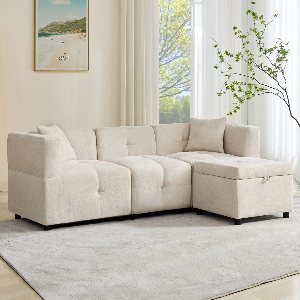 DIVANO MODULARE 3 POSTI 204x126x69 cm Chenille Beige con pouf contenitore e 2 cuscini