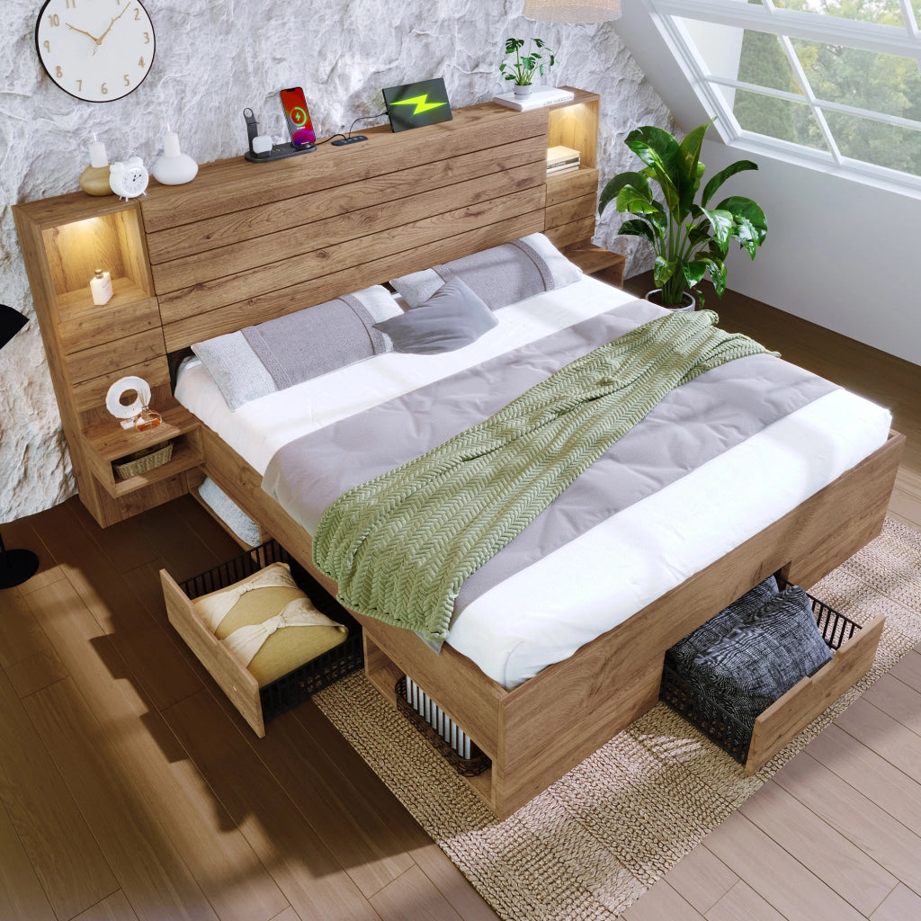 Letto legno 180x200 LED USB Type-C vano cassetti rovere