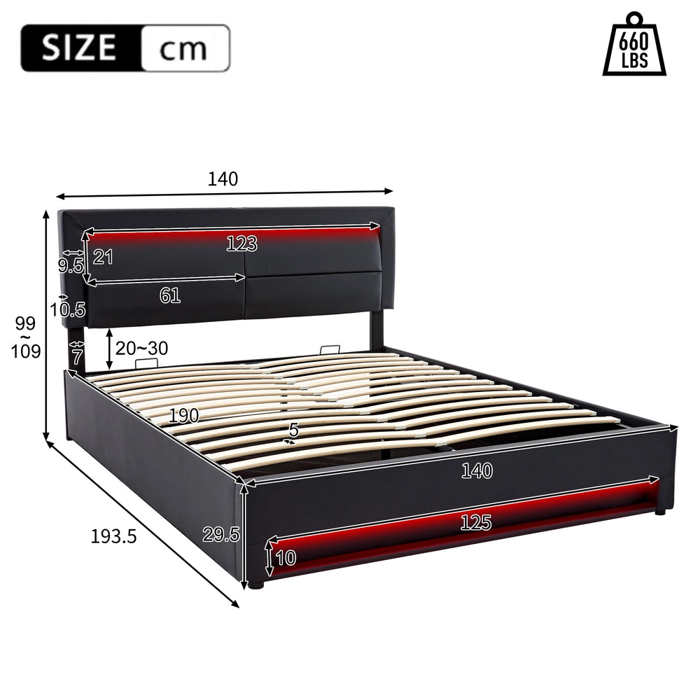 Letto Imbottito con LED e Contenitore ¨C MINIMAL ¨C Nero, 140x190, USB