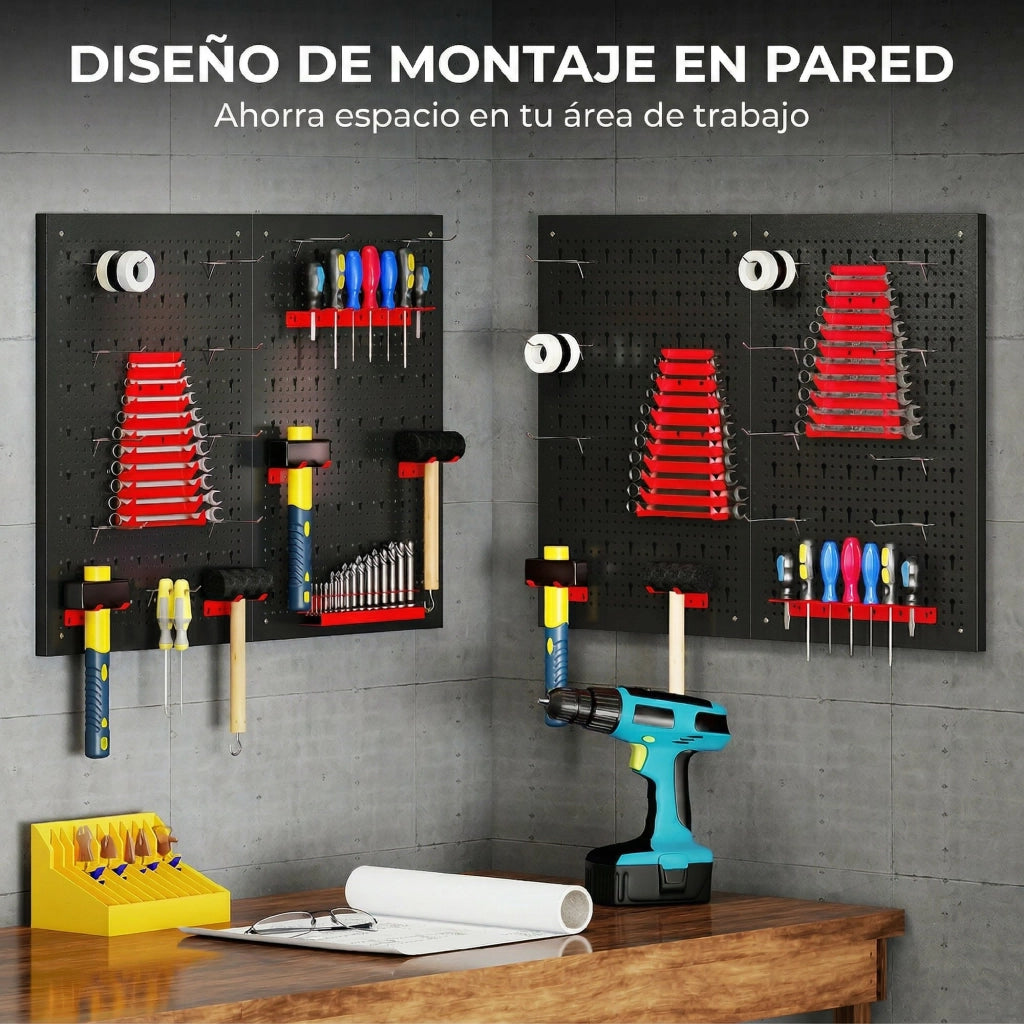 Pannello Attrezzi 4 Pezzi con Ganci e Ripiani ¨C Minimal ¨C Nero e Rosso 60x40 cm