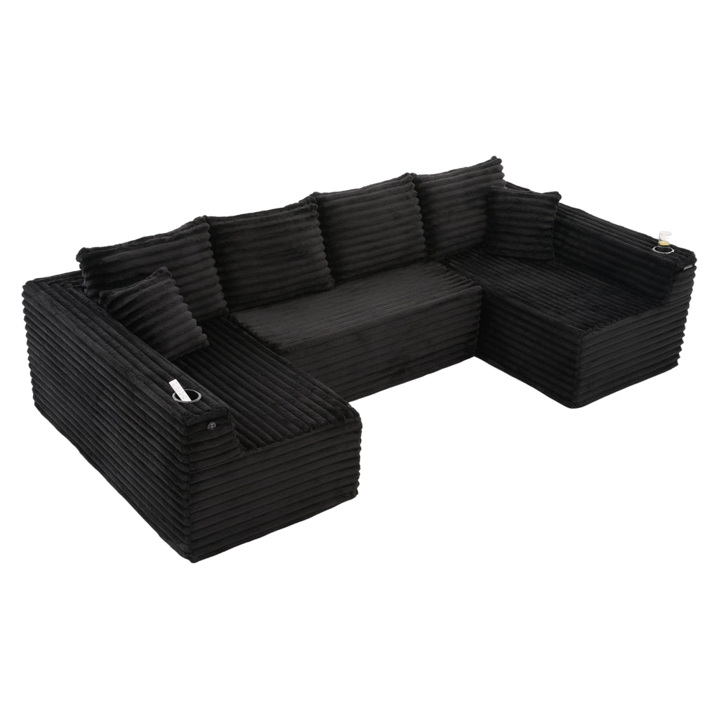 Divano ad U in Velluto a Coste con Portabicchieri ¨C MINIMAL ¨C Angolare, Cuscini, Ergonomico