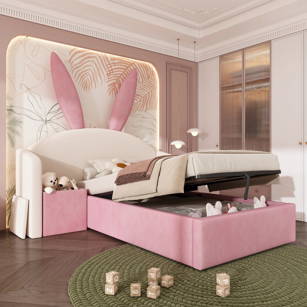 Letto Imbottito Singolo per Bambini con Contenitore e Comodino ¨C MINIMAL ¨C Velluto Beige Rosa 90x190