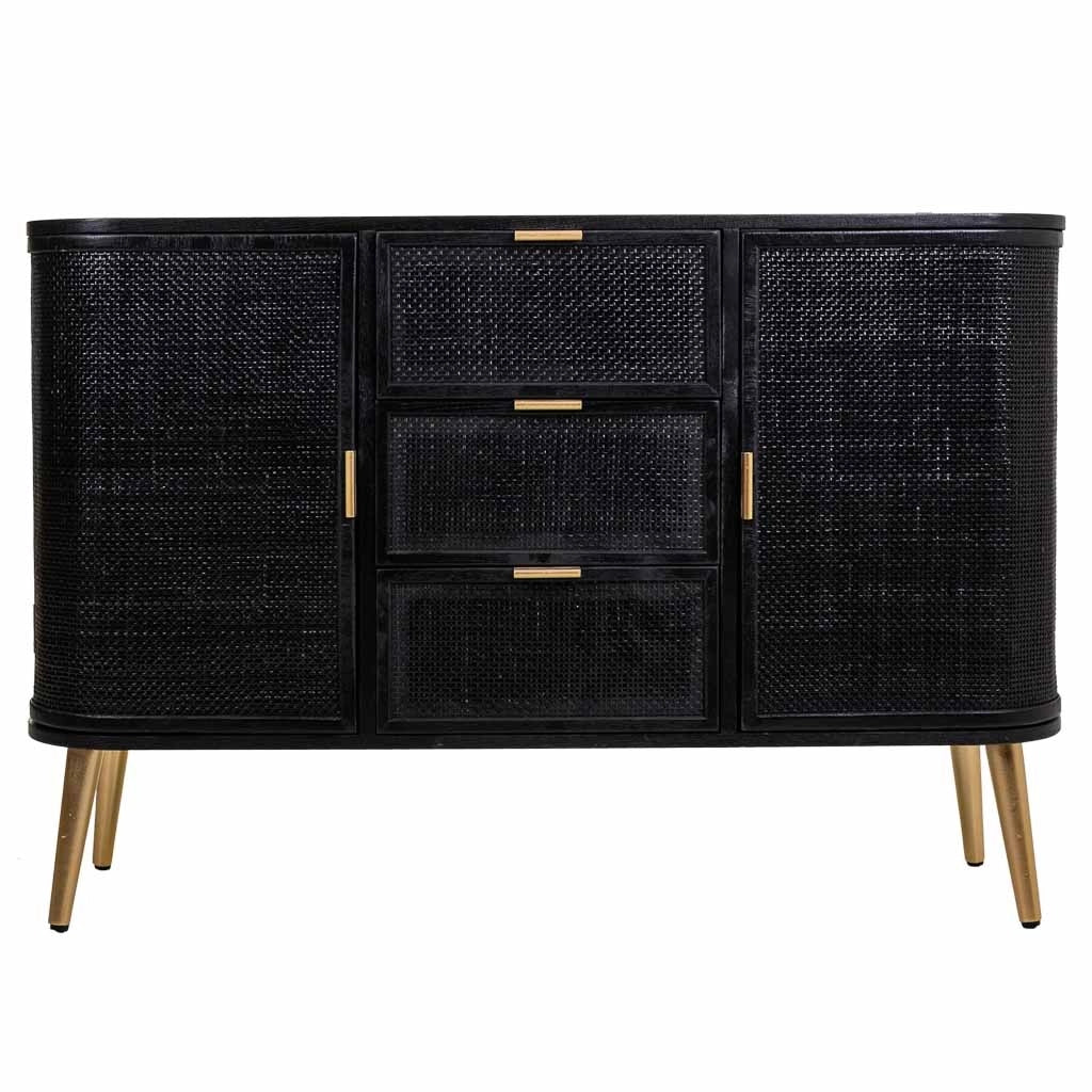 Credenza legno e rattan nero e oro 115x35x80cm