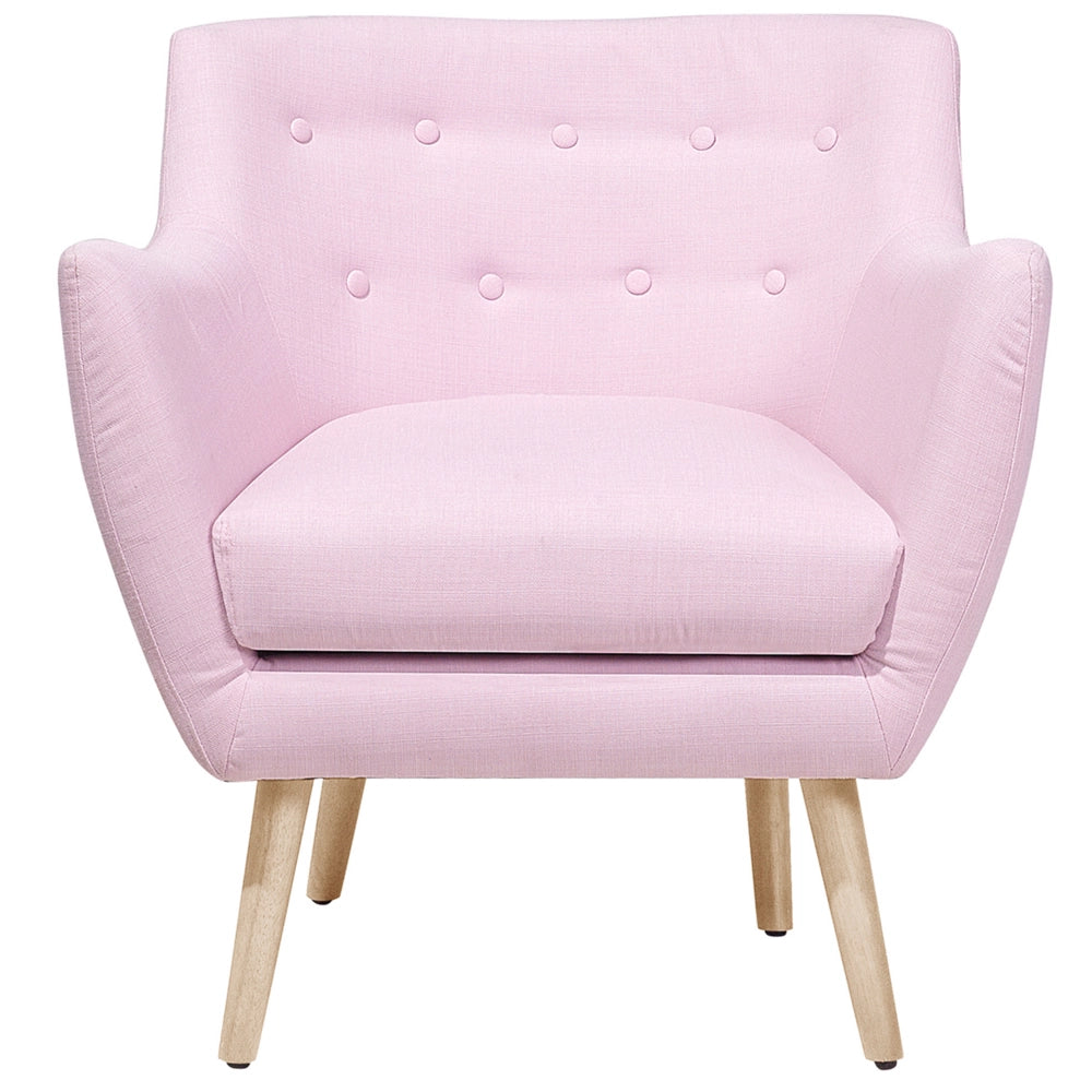Poltrona Tessuto Rosa Bottone Schienale Gambe Legno Gomma Moderna