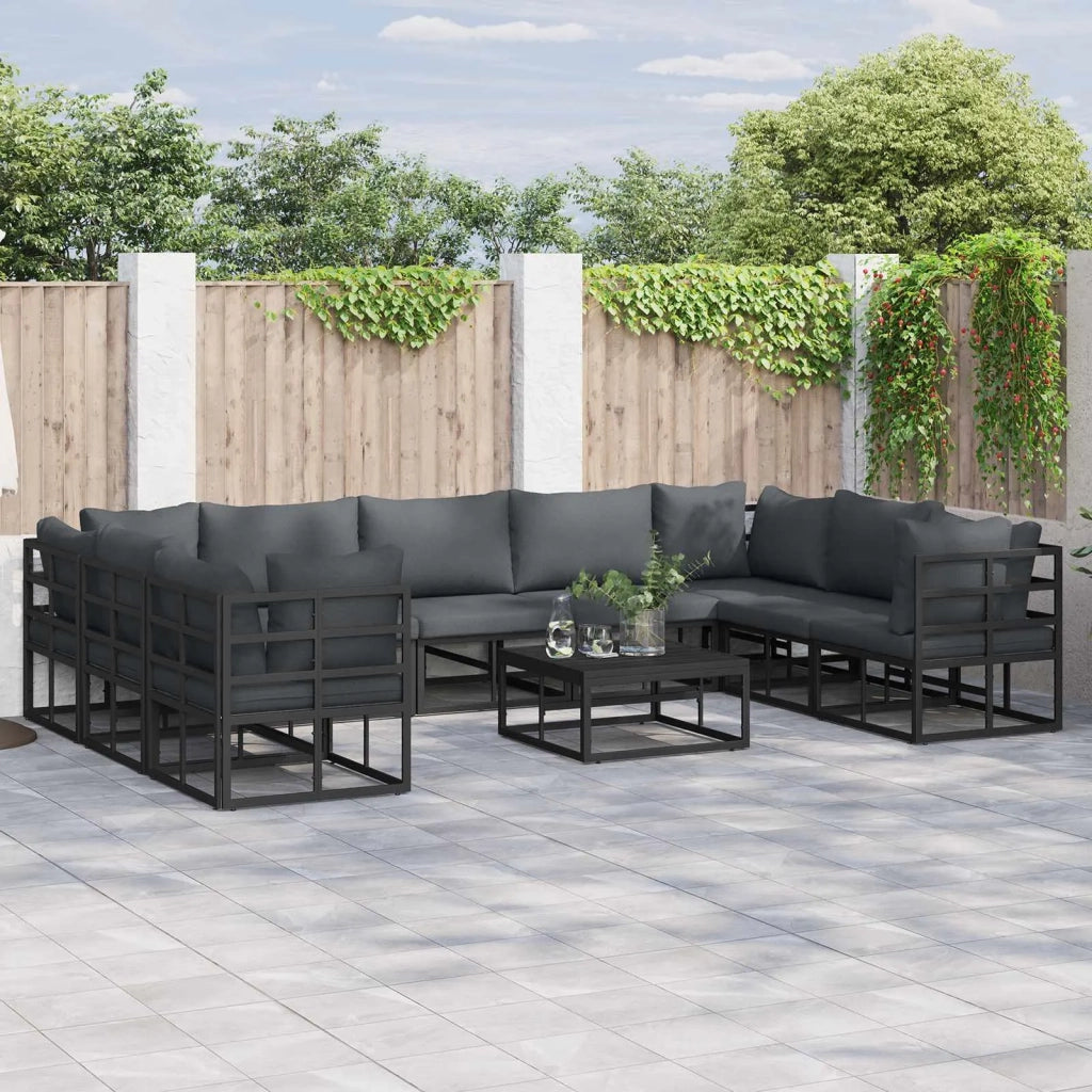 Set Divano da Giardino con cuscino 10 pcs Nero Alluminio