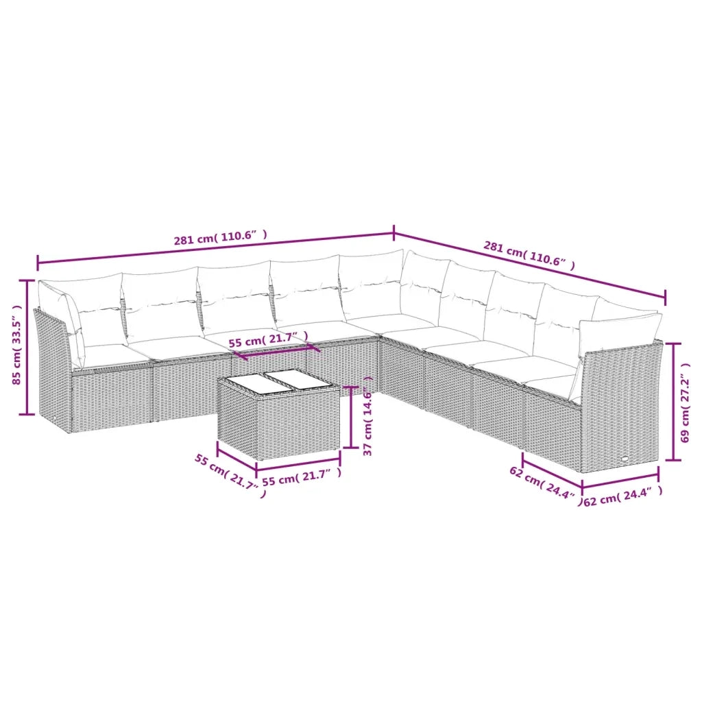 Set Divano da Giardino 10 pz con Cuscini Grigio in Polyrattan