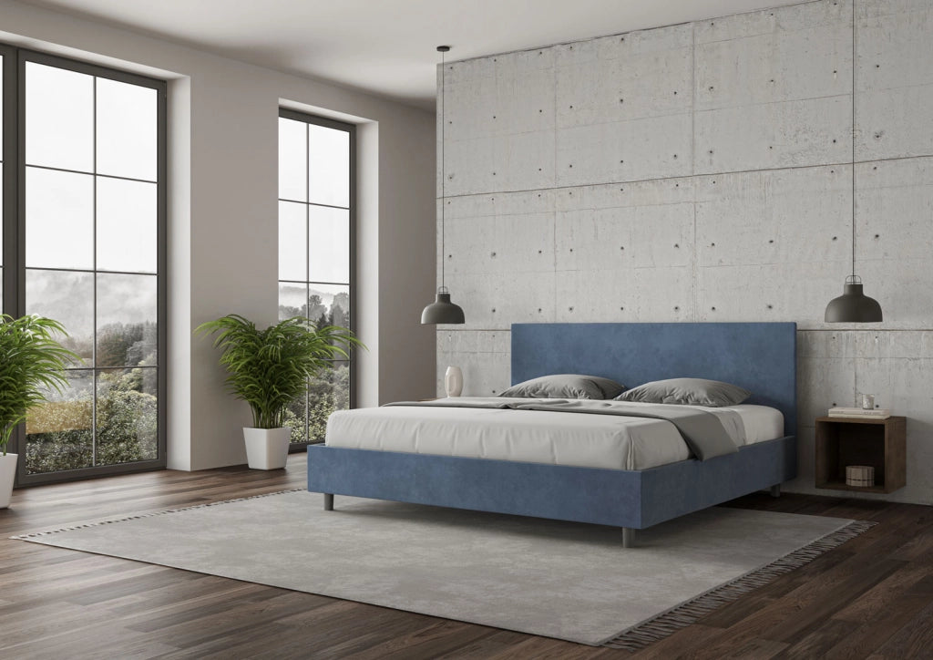 BS COM Letto con rete imbottito 180x200 microfibra blu