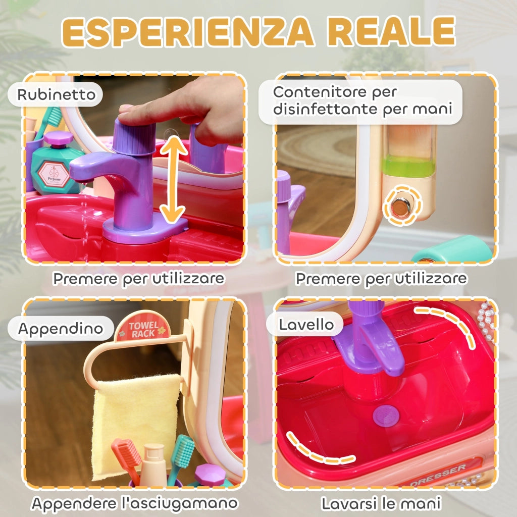 Specchiera Giocattolo per Bambini Tavolo Toeletta con Accessori e Rubinetto Rosa