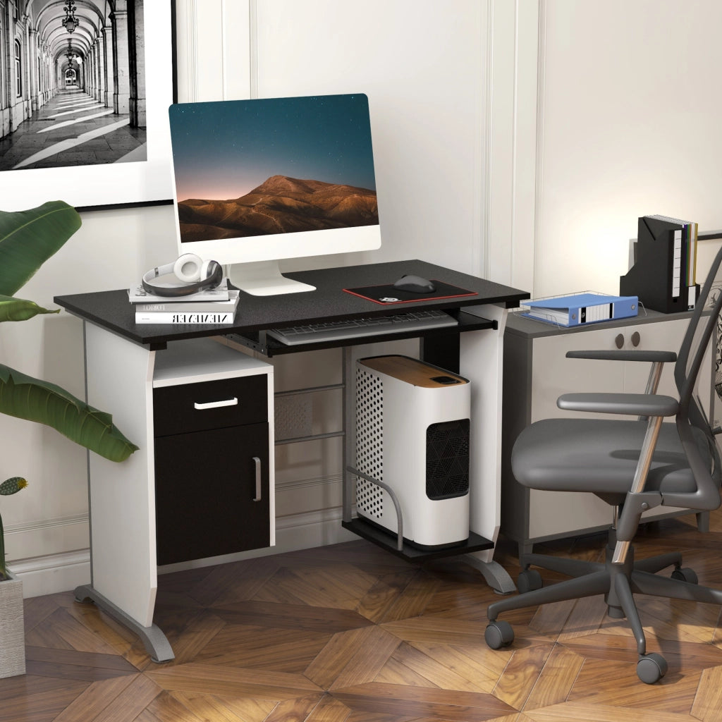 Scrivania per Computer con Ripiano, Cassetto e Armadietto ¨C Minimal ¨C Bianca e Nera, MDF e Ferro, 100x52x75 cm