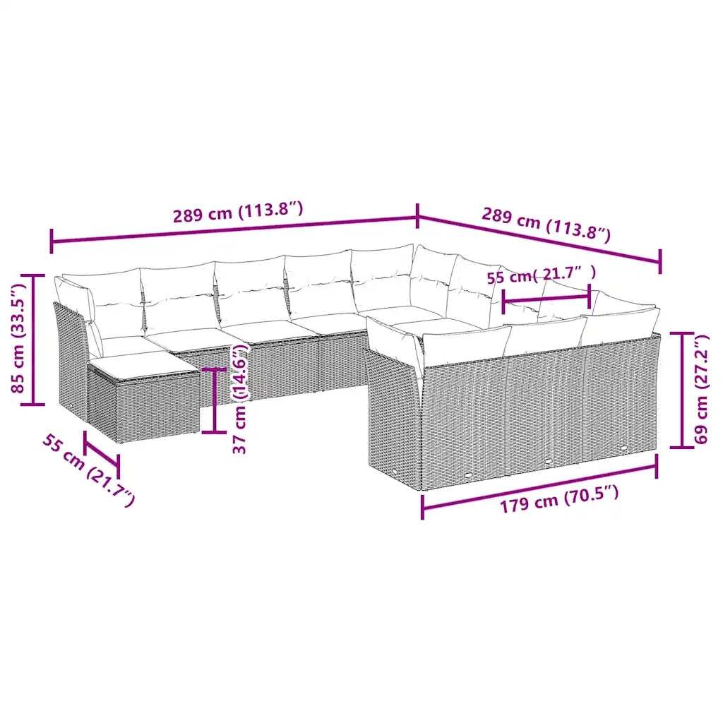 Set Divani da Giardino 12 pz con Cuscini Marrone in Polyrattan