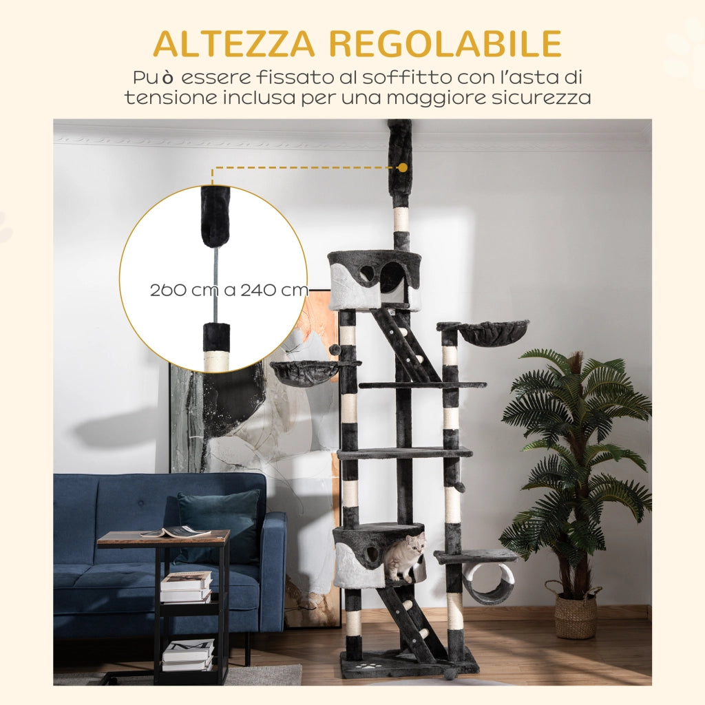 Albero Tiragraffi per Gatti Multilivello con Cucce e Amache ¨C Minimal ¨C Grigio Scuro e Bianco